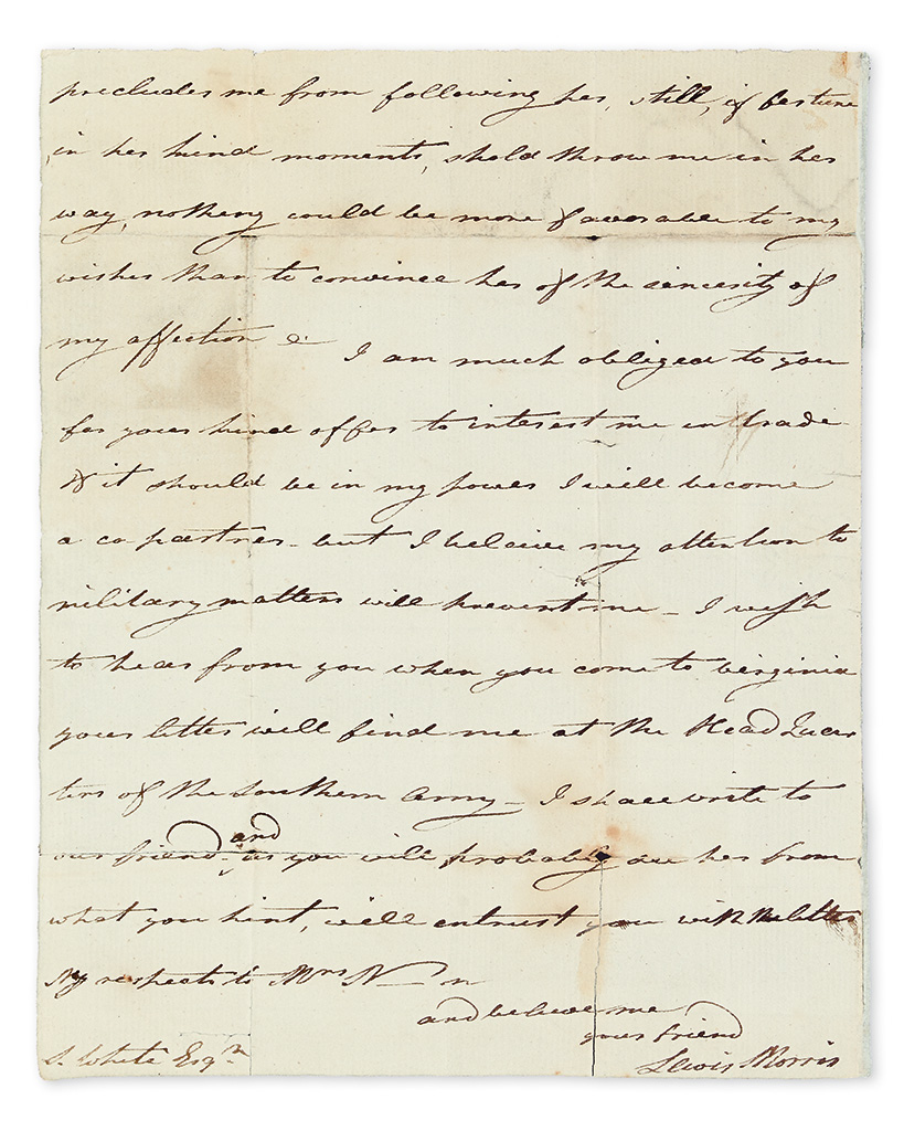 (AMERICAN REVOLUTION.) MORRIS, LEWIS; JR. Autograph Letter Signed, to S. White,